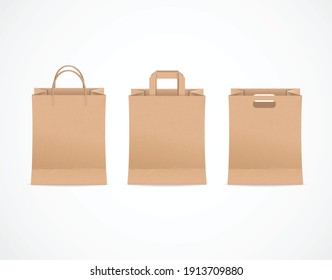 Realistic Detailed 3d Brown Paper Bag with Handle Empty Template Mockup Set for Retail. Vector illustration