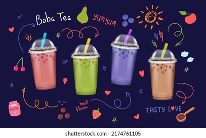 Realistic Detailed 3d Bubble Milk Tea Set Summer Asian Drink. Vector illustration of Boba Milk Tea