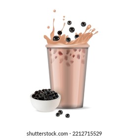 Realistic Detailed 3d Bubble Milk Tea Drink with Black Tapioca Pearls in Bowls. Vector illustration of Boba Drink