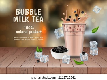 Cartel de Afiche de Té de Leche de Burbuja 3d detallado y realista. Ilustración vectorial de Boba Drink