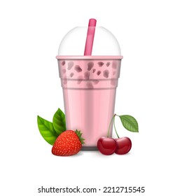 Realistic Detailed 3d Bubble Milk Tea with Sweet Strawberry and Cherry. Vector illustration of Berry Flavor Boba Drink