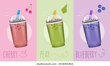 Realistic Detailed 3d Bubble Milk Tea Set Summer Asian Drink with Different Flavors. Vector illustration of Boba Milk Tea in Plastic Cup with Straw