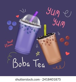 Realistic Detailed 3d Bubble Milk Tea Set Cold Summer Beverages Asian Drink. Vector illustration of Boba Milk Tea