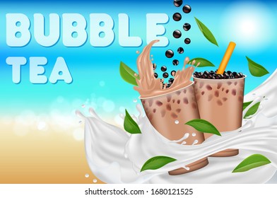 Pancarta detallada realista de Té de burbuja 3d y Tapioca Negro con el concepto de viajero de anuncios de paja. Ilustración vectorial de la bebida