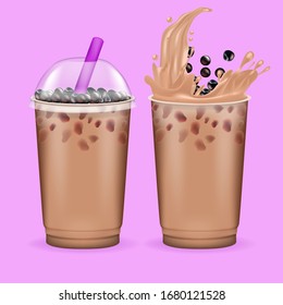 Realistic Detailed 3d Bubble Tea and Black Tapioca with Straw Set. Vector illustration of Sweet Beverage