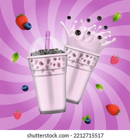 Realistic Detailed 3d Bubble Tea Ads Banner Concept Poster Card Advertising for Cafe. Vector illustration of Blueberry and Strawberry Boba Drink