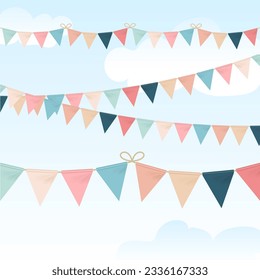 Realistic Detailed 3d Bunting Garland Pennant Flags Set on a Blue Sky Background. Vector illustration of Party Concept