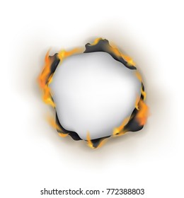 Realistic Detailed 3d Burn Hole Paper Isolated on White Background Decoration Element or Frame Edge in Fire. Vector illustration