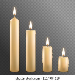 Realistic Detailed 3d Burning Wax Candles Set on a Transparent Background Candlelight Romantic Symbol. Vector illustration of Candle