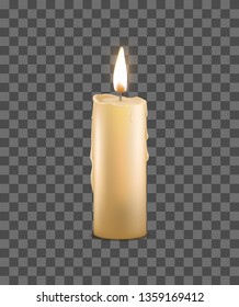 Realistic Detailed 3d Burning Wax Candle on a Transparent Background Candlelight Romantic and Meditation Symbol. Vector illustration