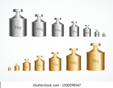 Conjunto de laboratório de peso de calibração 3D detalhado realista. Ilustração vetorial de Instrumento para Massa de Precisão de Medição