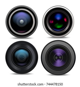 Realistic Detailed 3d Camera Lens Set Closeup View Professional Technology Photography Optical Equipment . Vector illustration of Objective Camera