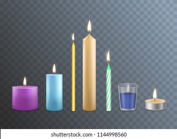 Realistische, detaillierte 3D-Kerzen, verschiedene Typen auf transparentem Hintergrund für Feiern und Religion. Vektorgrafik von Candle