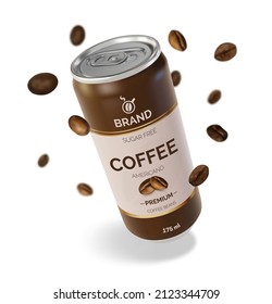 Realistic Detailed 3d Canned Coffee with Roasted Coffee Beans around Aluminum Can on a White for Ad. Vector illustration