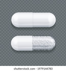 Realistic Detailed 3d Capsule Medical with Granules Set. Vector