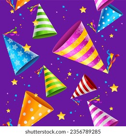 Realistic Detailed 3d Carnival Seamless Pattern Background with Celebration Party Hat for Web and App, Graphic Design. Vector illustration of Print