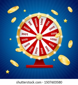 Realistic Detailed 3d Casino Fortune Wheel Winner Concept with Falling Golden Coin Card Background on a Blue. Vector illustration