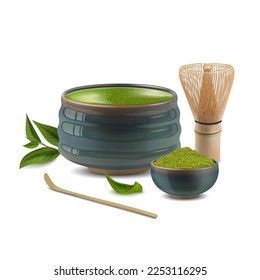 Realistic Detailed 3d Chasen, Chashaku, Chawan and Bowl of Green Matcha Powder Set Tea Ceremony Concept. Vector illustration