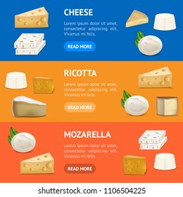 Realistic Detailed 3d Cheese Banner Horizontal Set Include of Cheddar, Parmesan, Maasdam, Camembert, Mozzarella and Feta. Vector illustration