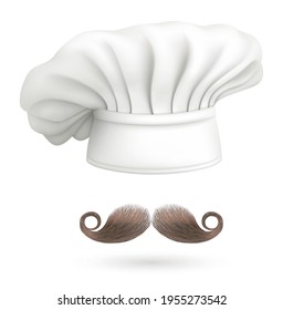 Realistic Detailed 3d Chef Hat And Moustache Set. Vector