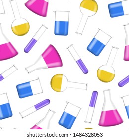 Realistic Detailed 3d Chemical Glass Flasks Seamless Pattern Background on a White Tube and Beaker for Research, Experiment. Vector illustration of Equipment Chemistry Science