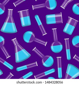 Realistic Detailed 3d Chemical Glass Flasks Seamless Pattern Background Tube and Beaker for Research, Experiment. Vector illustration of Equipment Chemistry Science