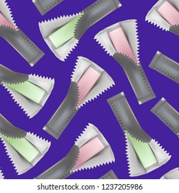 Realistic Detailed 3d Chewing Gum Sticks Seamless Pattern Background Wrapped and Opened Packaging View. Vector illustration