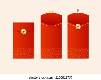 Realistic Detailed 3d Chinese Red Packet or Envelope Empty Mockup Template Set Open and Closed View. Vector illustration