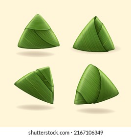 Realistic Detailed 3d Chinese Rice Dumpling Wrapped by Green Bamboo Leafs Set Different Views. Vector illustration of Zongzi