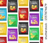 Realistic Detailed 3d Chips Advertisement Bag Seamless Pattern Background on a White Crunchy Delicious Tasty Snack Product with Different Flavors. Vector illustration