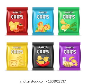 Realistic Detailed 3d Chips Advertisement Bag Set Crunchy Delicious Tasty Snack Product with Different Flavors. Vector illustration