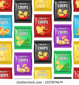 Realistic Detailed 3d Chips Advertisement Bag Seamless Pattern Background on a White Crunchy Delicious Tasty Snack Product with Different Flavors. Vector illustration