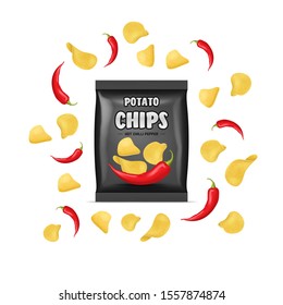 Realistic Detailed 3d Chips Advertisement Bag Crunchy Delicious Tasty Snack Product with Flavor Pepper. Vector illustration