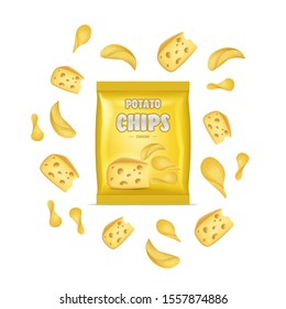 Realistic Detailed 3d Chips Advertisement Bag Crunchy Delicious Tasty Snack Product with Flavor Cheese. Vector illustration