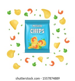 Realistic Detailed 3d Chips Advertisement Bag Crunchy Delicious Tasty Snack Product with Flavor Shrimp. Vector illustration