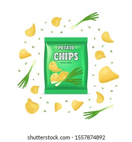 Realistic Detailed 3d Chips Advertisement Bag Crunchy Delicious Tasty Snack Product with Flavor Onion. Vector illustration