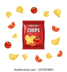 Realistic Detailed 3d Chips Advertisement Bag Crunchy Delicious Tasty Snack Product with Flavor Tomato. Vector illustration
