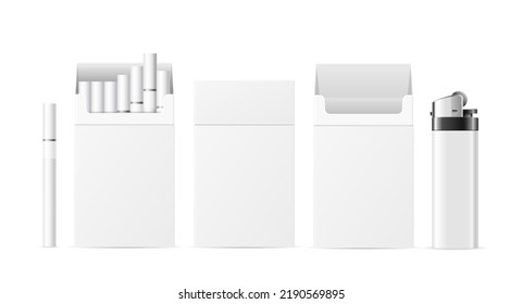 Realistic Detailed 3d Cigarette Pack Blank White Template Closed and Open View with Pocket Lighter Set. Vector illustration