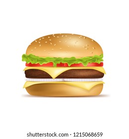 Realistic Detailed 3d Classic American Hamburger Include of Tomato, Onion, Cheese and Beef. Vector illustration of Burger