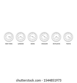Realistic Detailed 3d Classic Clocks Wall and City Set. Vector illustration of Clock Traditional Shape