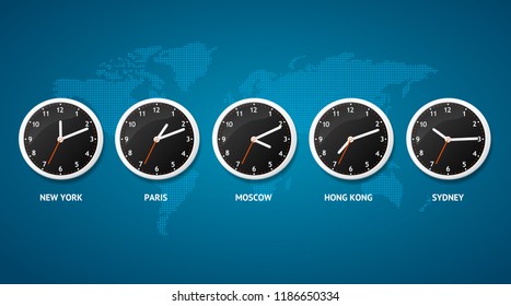 Realistic Detailed 3d Clock on a Map World Time Concept Include of Paris, Moscow, Sydney and Tokyo. Vector illustration