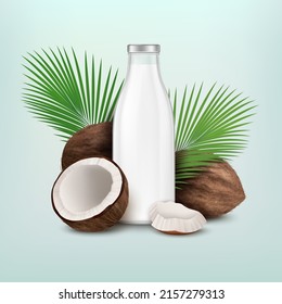 Realistic Detailed 3d Coco Nut and Coconut Milk Bottle Set Dairy Free Isolated on a Background. Vector illustration