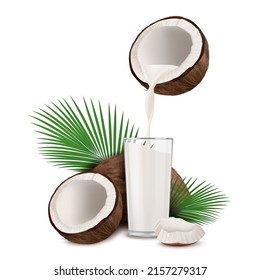 Realistic Detailed 3d Coco Nut and Coconut Milk Glass Set Isolated on a White Background. Vector illustration