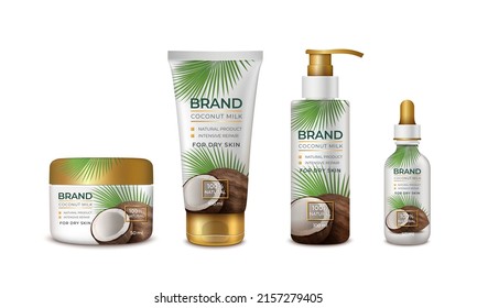 Realistic Detailed 3d Coconut Natural Cosmetics Bottle Set. Vector illustration of Cosmetic Product with Coco Nut