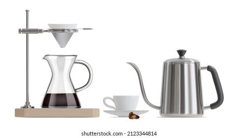 Realistische 3D-Kaffee-Brewing-Gadgets inklusive Glass Pour-over Drip Kettle und Cup. Vektorgrafik