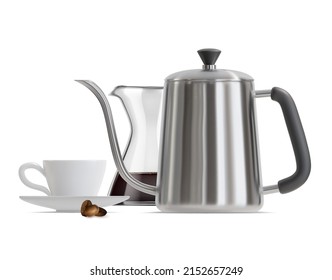 Realistic Detailed 3d Coffee Brewing Gadgets Set Include of Glass Pour-over Drip Kettle and Cup Isolated on a White Background. Vector illustration