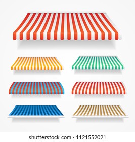 Realistic Detailed 3d Color Awnings Set Different Types for Store, Grocery Shop, Market and Cafe. Vector illustration of Sunshade Tent