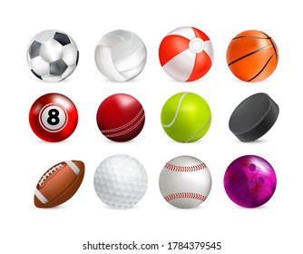 Realistic Detailed 3d Color Balls Set for Different Sport Include of Tennis, Basketball, Baseball and Football. Vector illustration of Ball