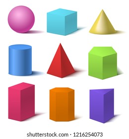 Realistic Detailed 3d Color Basic Shapes Set Isolated on White Background Include of Cube, Cylinder, Sphere and Cone. Vector illustration