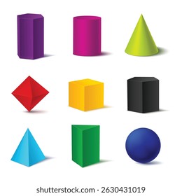 Realistic Detailed 3d Color Basic Shapes Set Isolated on White Background Include of Cube, Cylinder, Sphere and Cone. Vector illustration